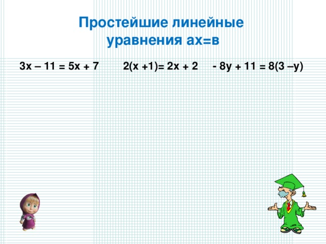 Простейшие линейные  уравнения ах=в 3х – 11 = 5х + 7 2(х +1)= 2х + 2 - 8у + 11 = 8(3 –у) 