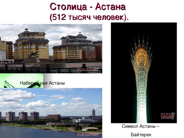 Столица - Астана  (512 тысяч человек).   Набережная Астаны Символ Астаны – Байтерек 
