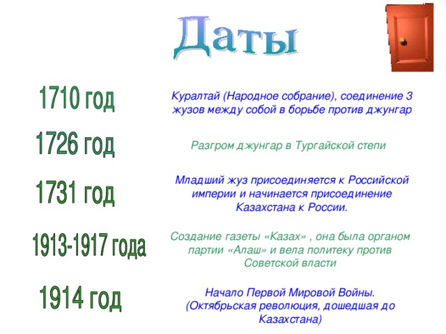 Куралтай (Народное собрание), соединение 3 жузов между собой в борьбе против джунгар Разгром джунгар в Тургайской степи Младший жуз присоединяется к Российской империи и начинается присоединение Казахстана к России. Создание газеты «Казах» , она была органом партии «Алаш» и вела политеку против Советской власти Начало Первой Мировой Войны. (Октябрьская революция, дошедшая до Казахстана) 