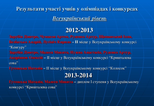 Результати участі учнів у олімпіадах і конкурсах    Всеукраїнський рівень 2012-2013 Зарубін Дмитро, Чумаков Артем, Руденко Артур, Щипанський Ілля, Безбатько Андрій, Лугініч Кирило – ІІ місце у Всеукраїнському конкурсі “ Кенгуру” Зарубін Дмитро, Малєєв Микита, Нужна Анастасія, Руденко Артур, Андріянов Олексій – ІІ місце у Всеукраїнському конкурсі “Кришталева сова” Гутовська Наталія – ІІ місце у Всеукраїнському конкурсі “Колосок”   2013-2014 Гутовська Наталія, Малєєв Микита – диплом І ступеня у Всеукраїнському конкурсі “Кришталева сова” 