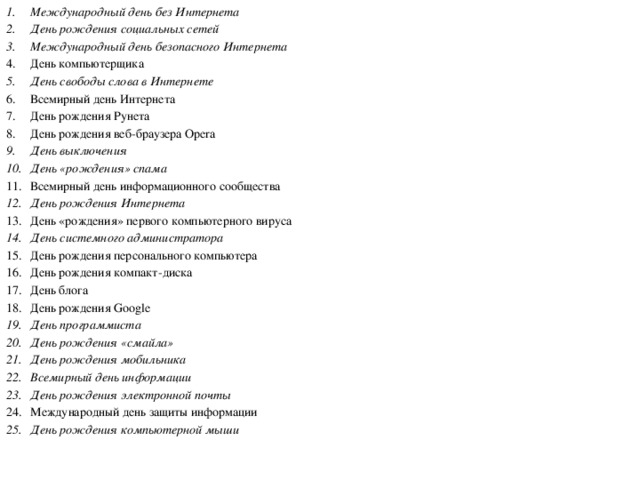 Международный день без Интернета День рождения социальных сетей Международный день безопасного Интернета День компьютерщика День свободы слова в Интернете Всемирный день Интернета День рождения Рунета День рождения веб-браузера Opera День выключения День «рождения» спама Всемирный день информационного сообщества День рождения Интернета День «рождения» первого компьютерного вируса День системного администратора День рождения персонального компьютера День рождения компакт-диска День блога День рождения Google День программиста День рождения «смайла» День рождения мобильника Всемирный день информации День рождения электронной почты Международный день защиты информации День рождения компьютерной мыши 