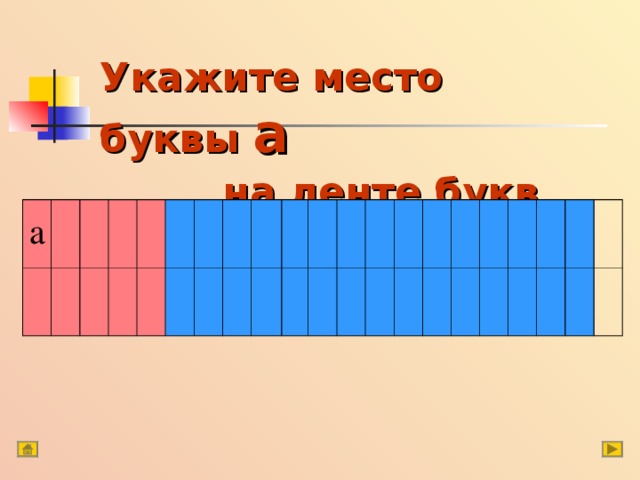 Укажите место буквы а   на ленте букв  а 