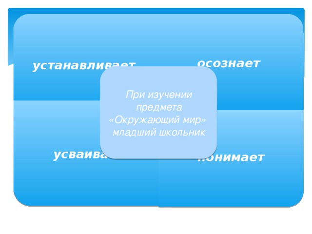 устанавливает усваивает понимает осознает При изучении предмета «Окружающий мир» младший школьник 