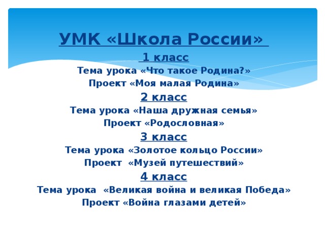  УМК «Школа России»  1 класс Тема урока  «Что такое Родина?» Проект «Моя малая Родина» 2 класс Тема урока «Наша дружная семья» Проект «Родословная» 3 класс Тема урока «Золотое кольцо России» Проект «Музей путешествий» 4 класс Тема урока «Великая война и великая Победа» Проект «Война глазами детей»   