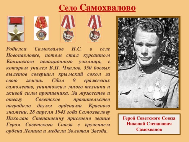 Село Самохвалово Родился Самохвалов Н.С. в селе Новопавловке, потом стал курсантом Качинского авиационного училища, в котором учился В.П. Чкалов. 350 боевых вылетов совершил крымский сокол за свою жизнь. Сбил 9 вражеских самолетов, уничтожил много техники и живой силы противника. За мужество и отвагу Советское правительство наградило двумя орденами Красного знамени. 28 апреля 1943 года Самохвалову Николаю Степановичу присвоено звание Героя Советского Союза с вручением ордена Ленина и медали Золотая Звезда . Герой Советского Союза Николай Степанович Самохвалов 