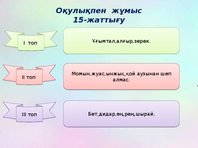 Оқулықпен жұмыс 15-жаттығу Ұғымтал,алғыр,зерек. І топ Момын,жуас,ынжық,қой аузынан шөп алмас. ІІ топ Бет,дидар,өң,рең,шырай. ІІІ топ 