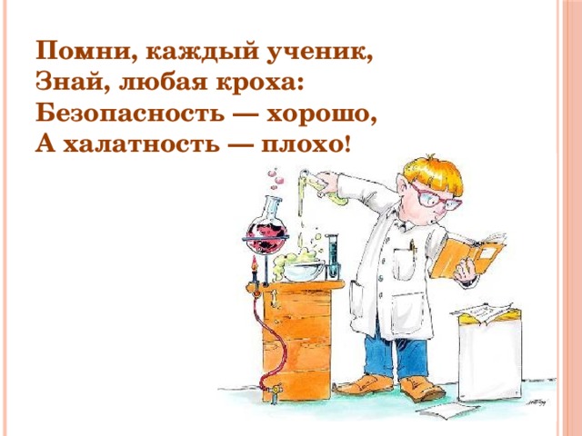 Помни, каждый ученик,  Знай, любая кроха:  Безопасность — хорошо,  А халатность — плохо ! 