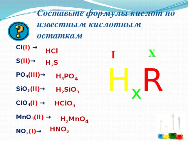 Составьте формулы кислот по известным кислотным остаткам Cl (I)  →  S (II) →  PO 4 (III) → SiO 3 (II) →  ClO 4 (I)  → MnO 4 (II)  →  NO 2 (I) →  HCl  X I H 2 S H x R H 3 PO 4  H 2 SiO 3  HClO 4  H 2 MnO 4 HNO 2 