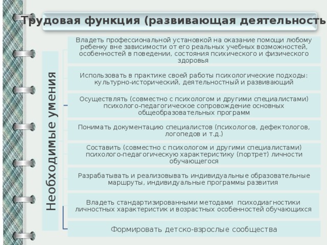 Необходимые умения Трудовая функция (развивающая деятельность) Владеть профессиональной установкой на оказание помощи любому ребенку вне зависимости от его реальных учебных возможностей, особенностей в поведении, состояния психического и физического здоровья Использовать в практике своей работы психологические подходы: культурно-исторический, деятельностный и развивающий Осуществлять (совместно с психологом и другими специалистами) психолого-педагогическое сопровождение основных общеобразовательных программ Понимать документацию специалистов (психологов, дефектологов, логопедов и т.д.) Составить (совместно с психологом и другими специалистами) психолого-педагогическую характеристику (портрет) личности обучающегося Разрабатывать и реализовывать индивидуальные образовательные маршруты, индивидуальные программы развития Владеть стандартизированными методами психодиагностики личностных характеристик и возрастных особенностей обучающихся Формировать детско-взрослые сообщества 