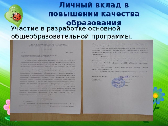Личный вклад в повышении качества образования Участие в разработке основной общеобразовательной программы. 