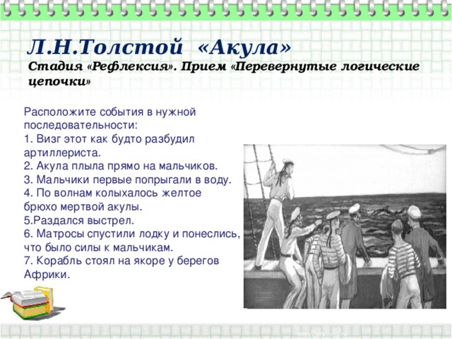 Л.Н.Толстой «Акула»  Стадия «Рефлексия». Прием «Перевернутые логические цепочки» Расположите события в нужной последовательности: 1. Визг этот как будто разбудил артиллериста. 2. Акула плыла прямо на мальчиков. 3. Мальчики первые попрыгали в воду. 4. По волнам колыхалось желтое брюхо мертвой акулы. 5.Раздался выстрел. 6. Матросы спустили лодку и понеслись, что было силы к мальчикам. 7. Корабль стоял на якоре у берегов Африки. 