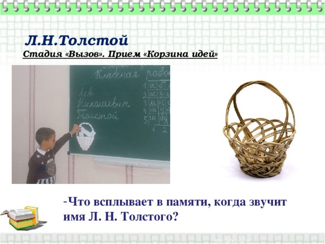  Л.Н.Толстой   Стадия «Вызов». Прием «Корзина идей»   - Что всплывает в памяти, когда звучит имя Л. Н. Толстого? 