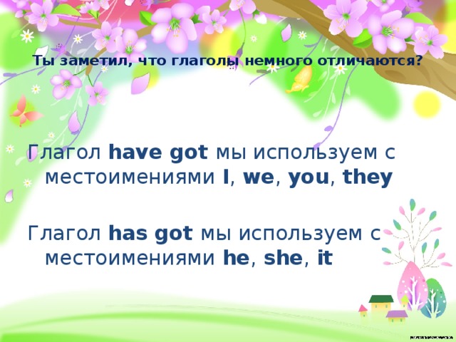   Ты заметил, что глаголы немного отличаются? Глагол have got мы используем с местоимениями I , we , you , they Глагол has got мы используем с местоимениями he , she , it 