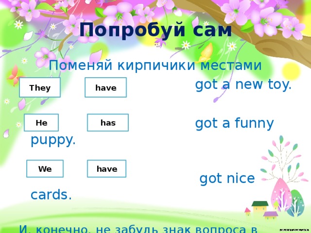 Попробуй сам Поменяй кирпичики местами  got a new toy.  got a funny puppy.  got nice cards. И, конечно, не забудь знак вопроса в конце предложения и заглавную букву в начале. They have He has We have 