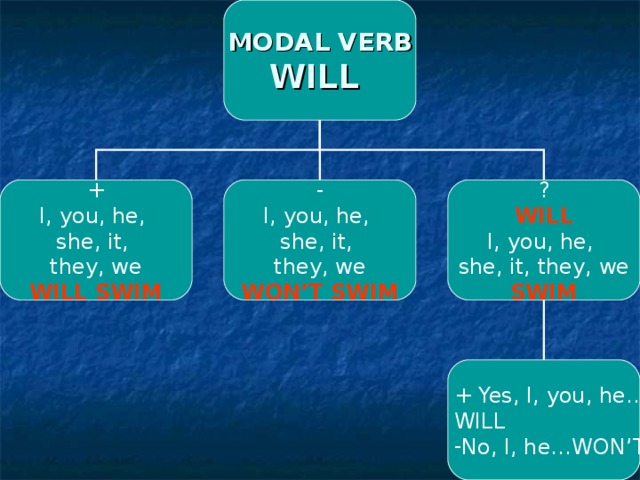 MODAL VERB WILL + I, you, he, she, it, they, we - ? I, you, he, she, it, they, we WILL SWIM WON’T SWIM WILL I, you, he, she, it, they, we SWIM  + Yes, I, you, he… WILL No, I, he…WON’T 