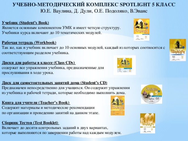 УЧЕБНО-МЕТОДИЧЕСКИЙ КОМПЛЕКС SPOTLIGHT 5 КЛАСС Ю.Е.  Ваулина, Д. Дули, О.Е. Подоляко, В.Эванс  Учебник (Student’s Book)  Является основным компонентом УМК и имеет четкую структуру. Учебники курса включают до 10 тематических модулей. Рабочая тетрадь (Workbook)  Так же, как и учебник включает до 10 основных модулей, каждый из которых соотносится с соответствующим разделом учебника.  Диски для работы в классе (Class CDs) содержат все упражнения учебника, предназначенные для прослушивания в ходе урока. Диск для самостоятельных занятий дома (Student’s CD)  Предназначен непосредственно для учащихся. Он содержит упражнения из учебника и рабочей тетради, которые необходимо выполнить дома.  Книга для учителя (Teacher’s Book) Содержит материалы и методические рекомендации по организации и проведению занятий на данном этапе. Сборник Тестов (Test Booklet) Включает до десяти контрольных заданий в двух вариантах, которые выполняются по завершении работы над каждым модулем. 