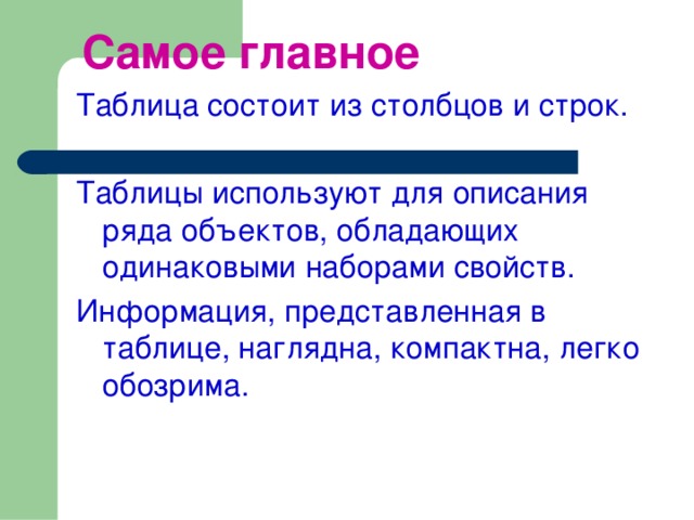 Самое главное Таблица состоит из столбцов и строк. Таблицы используют для описания ряда объектов, обладающих одинаковыми наборами свойств. Информация, представленная в таблице, наглядна, компактна, легко обозрима. 