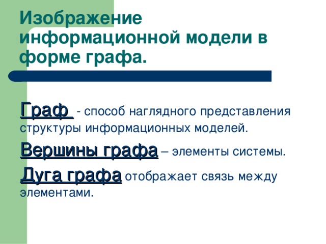 Изображение информационной модели в форме графа.  Граф - способ наглядного представления структуры информационных моделей. Вершины графа – элементы системы. Дуга графа отображает связь между элементами. 