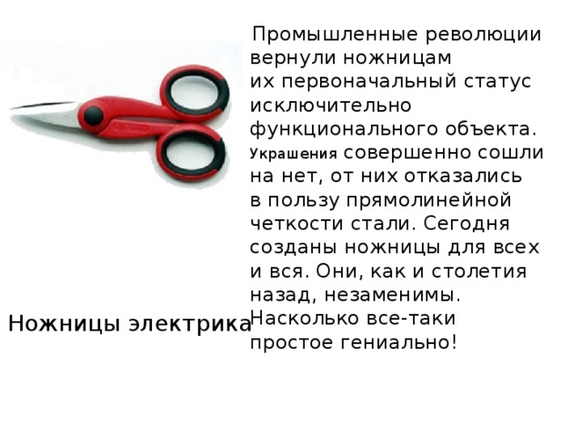  Промышленные революции вернули ножницам их первоначальный статус исключительно функционального объекта. Украшения совершенно сошли на нет, от них отказались в пользу прямолинейной четкости стали. Сегодня созданы ножницы для всех и вся. Они, как и столетия назад, незаменимы. Насколько все-таки простое гениально!  Ножницы электрика 