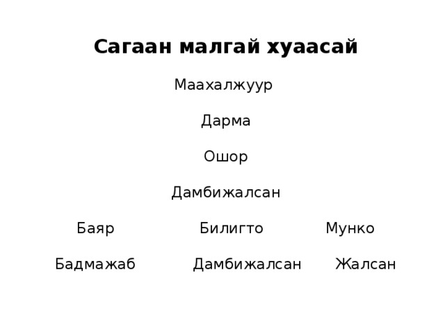Сагаан малгай хуаасай   Маахалжуур   Дарма   Ошор   Дамбижалсан   Баяр Билигто Мунко   Бадмажаб Дамбижалсан Жалсан    