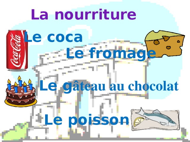 La nourriture Le coca Le fromage Le g âteau au chocolat Le poisson 