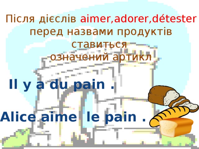 Після дієслів aimer,adorer,d étester  перед назвами продуктів ставиться  означений артикл Il y a du pain .  Alice aime le pain .  