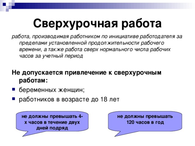 Сверхурочная работа работа, производимая работником по инициативе работодателя за пределами установленной продолжительности рабочего времени, а также работа сверх нормального числа рабочих часов за учетный период  Не допускается привлечение к сверхурочным работам: беременных женщин; работников в возрасте до 18 лет не должны превышать 4-х часов в течение двух дней подряд не должны превышать 120 часов в год 