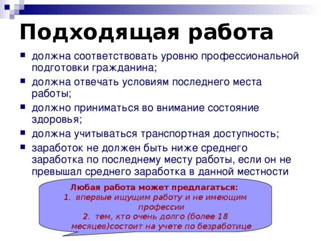 Подходящая работа должна соответствовать уровню профессиональной подготовки гражданина; должна отвечать условиям последнего места работы; должно приниматься во внимание состояние здоровья; должна учитываться транспортная доступность; заработок не должен быть ниже среднего заработка по последнему месту работы, если он не превышал среднего заработка в данной местности Любая работа может предлагаться:  впервые ищущим работу и не имеющим профессии тем, кто очень долго (более 18 месяцев)состоит  на учете по безработице 