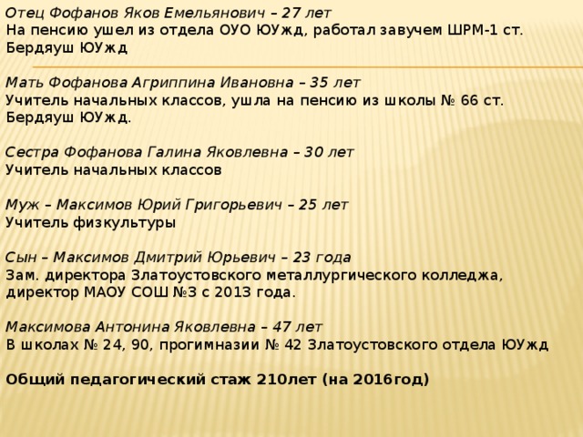 Отец Фофанов Яков Емельянович – 27 лет На пенсию ушел из отдела ОУО ЮУжд, работал завучем ШРМ-1 ст. Бердяуш ЮУжд   Мать Фофанова Агриппина Ивановна – 35 лет Учитель начальных классов, ушла на пенсию из школы № 66 ст. Бердяуш ЮУжд.   Сестра Фофанова Галина Яковлевна – 30 лет Учитель начальных классов   Муж – Максимов Юрий Григорьевич – 25 лет Учитель физкультуры   Сын – Максимов Дмитрий Юрьевич – 23 года Зам. директора Златоустовского металлургического колледжа, директор МАОУ СОШ №3 с 2013 года.   Максимова Антонина Яковлевна – 47 лет В школах № 24, 90, прогимназии № 42 Златоустовского отдела ЮУжд   Общий педагогический стаж 210лет (на 2016год) 