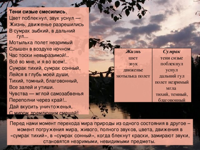 Тени   сизые   смесились , Цвет поблекнул, звук уснул — Жизнь, движенье разрешились В сумрак зыбкий, в дальний гул... Мотылька полет незримый Слышен в воздухе ночном... Час тоски невыразимой!.. Всё во мне, и я во всем!.. Сумрак тихий, сумрак сонный, Лейся в глубь моей души, Тихий, томный, благовонный, Все залей и утиши. Чувства — мглой самозабвенья Переполни через край!.. Дай вкусить уничтоженья, С миром дремлющим смешай! Жизнь цвет Сумрак тени сизые звук движенье поблекнул уснул мотылька полет дальний гул полет незримый мгла  тихий, темный, благовонный Перед нами момент перехода мира природы из одного состояния в другое – момент погружения мира, живого, полного звуков, цвета, движения в «сумрак тихий», в «сумрак сонный», когда блекнут краски, замирают звуки, становятся незримыми, невидимыми предметы.  