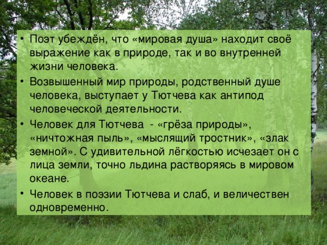Поэт убеждён, что «мировая душа» находит своё выражение как в природе, так и во внутренней жизни человека. Возвышенный мир природы, родственный душе человека, выступает у Тютчева как антипод человеческой деятельности. Человек для Тютчева - «грёза природы», «ничтожная пыль», «мыслящий тростник», «злак земной». С удивительной лёгкостью исчезает он с лица земли, точно льдина растворяясь в мировом океане. Человек в поэзии Тютчева и слаб, и величествен одновременно. 