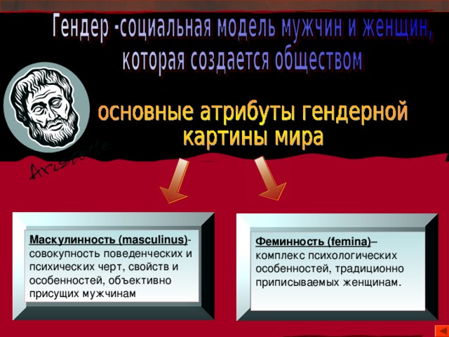 - это Маскулинность (masculinus) - совокупность поведенческих и психических черт, свойств и особенностей, объективно присущих мужчинам Феминность ( femina ) –комплекс психологических особенностей, традиционно приписываемых женщинам. 