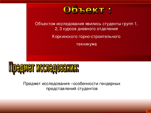 Объектом исследования явились студенты групп 1, 2, 3 курсов дневного отделения  Коркинского горно-строительного техникума Предмет исследования –особенности гендерных представлений студентов 