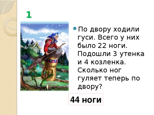 1 По двору ходили гуси. Всего у них было 22 ноги. Подошли 3 утенка и 4 козленка. Сколько ног гуляет теперь по двору? 44 ноги 