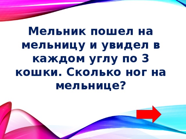Мельник пошел на мельницу и увидел в каждом углу по 3 кошки. Сколько ног на мельнице? 