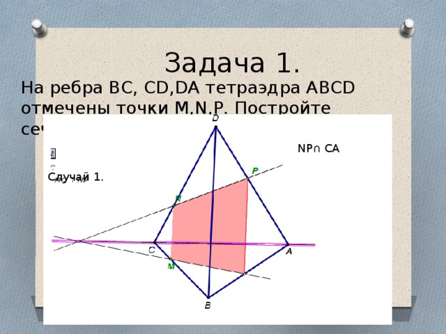 Задача 1. На ребра BC, CD,DA тетраэдра ABCD отмечены точки M,N,P. Постройте сечение MNP. NP∩ CA Случай 1. 