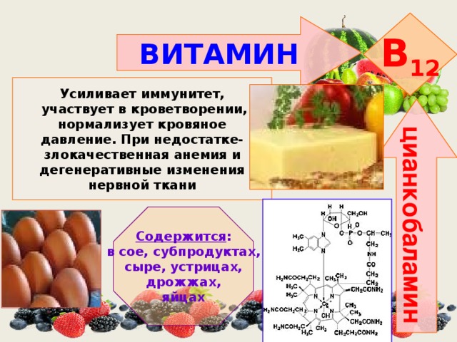 цианкобаламин B 12 ВИТАМИН    Усиливает иммунитет,  участвует в кроветворении, нормализует кровяное давление. При недостатке- злокачественная анемия и дегенеративные изменения нервной ткани   Содержится : в сое, субпродуктах, сыре, устрицах,  дрожжах, яйцах 