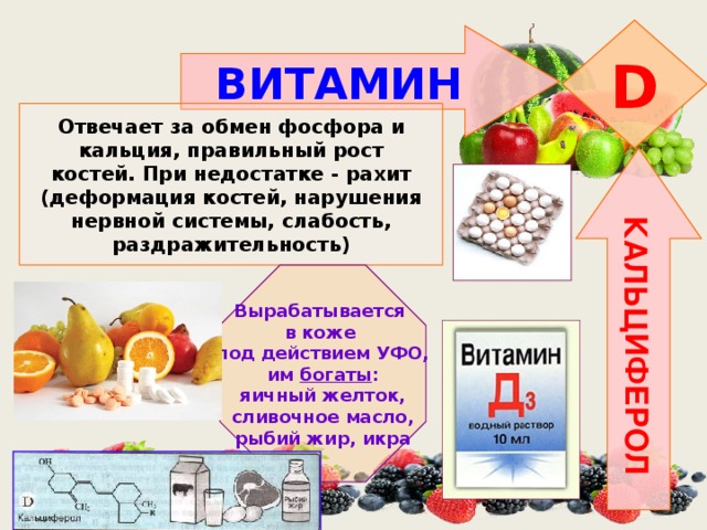 КАЛЬЦИФЕРОЛ D ВИТАМИН  Отвечает за обмен фосфора и кальция, правильный рост костей. При недостатке - рахит (деформация костей, нарушения нервной системы, слабость, раздражительность) Вырабатывается в коже под действием УФО, им богаты : яичный желток, сливочное масло, рыбий жир, икра 