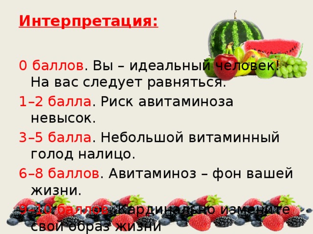 Интерпретация:   0 баллов . Вы – идеальный человек! На вас следует равняться. 1–2 балла . Риск авитаминоза невысок. 3–5 балла . Небольшой витаминный голод налицо. 6–8 баллов . Авитаминоз – фон вашей жизни. 9–10 баллов . Кардинально измените свой образ жизни 