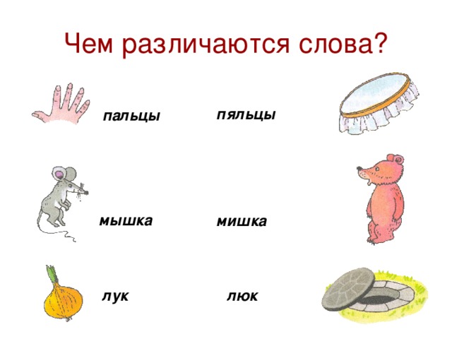Чем различаются слова? пяльцы пальцы мышка мишка лук люк 