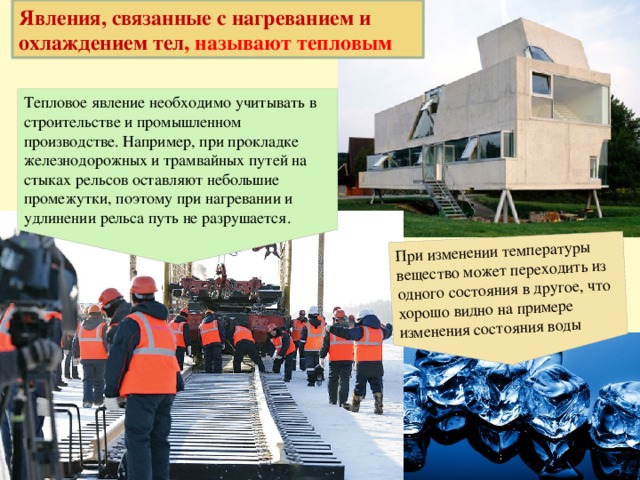 Явления, связанные с нагреванием и охлаждением тел , называют тепловым При изменении температуры вещество может переходить из одного состояния в другое, что хорошо видно на примере изменения состояния воды Тепловое явление необходимо учитывать в строительстве и промышленном производстве. Например, при прокладке железнодорожных и трамвайных путей на стыках рельсов оставляют небольшие промежутки, поэтому при нагревании и удлинении рельса путь не разрушается. 