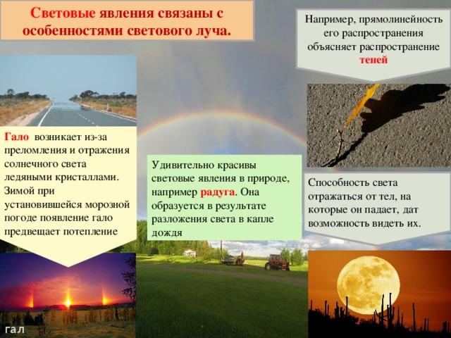Световые явления связаны с особенностями светового луча. Например, прямолинейность его распространения объясняет распространение теней Гало возникает из-за преломления и отражения солнечного света ледяными кристаллами. Зимой при установившейся морозной погоде появление гало предвещает потепление Удивительно красивы световые явления в природе, например радуга . Она образуется в результате разложения света в капле дождя Способность света отражаться от тел, на которые он падает, дат возможность видеть их. гало 
