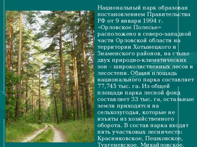 Национальный парк образован постановлением Правительства РФ от 9 января 1994 г. «Орловское Полесье» расположено в северо-западной части Орловской области на территории Хотынецкого и Знаменского районов, на стыке двух природно-климатических зон – широколиственных лесов и лесостепи. Общая площадь национального парка составляет 77,745 тыс. га. Из общей площади парка лесной фонд составляет 33 тыс. га, остальные земли приходятся на сельхозугодья, которые не изъяты из хозяйственного оборота. В состав парка входят пять участковых лесничеств: Красниковское, Пешковское, Тургеневское, Михайловское, Льговское, а также земли нескольких коллективных и фермерских предприятий. 