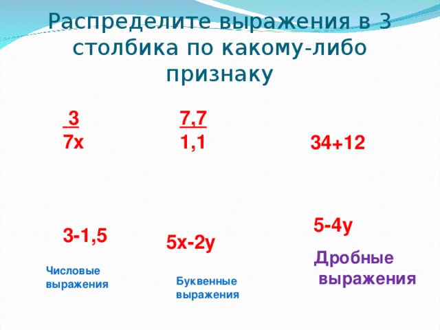 Распределите выражения в 3 столбика по какому-либо признаку  3 7х 7,7 1,1 34+12 5-4у 3-1,5 5х-2у Дробные  выражения Числовые выражения Буквенные выражения 