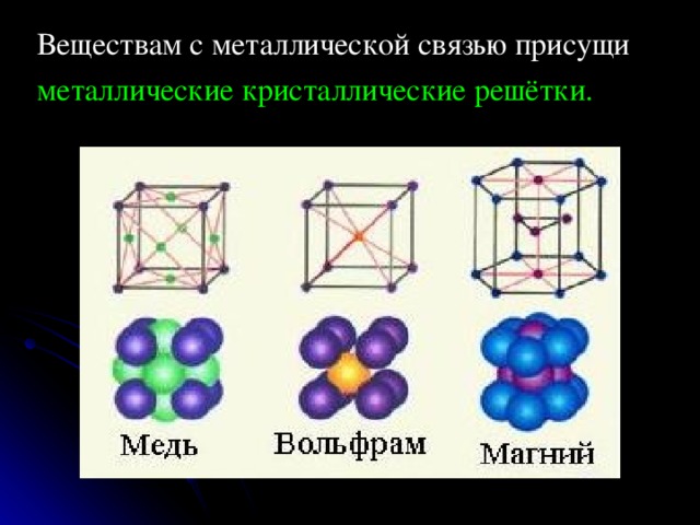 Веществам с металлической связью присущи металлические кристаллические решётки. 