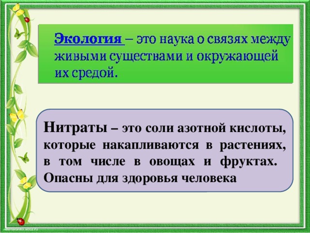 Нитраты – это соли азотной кислоты, которые накапливаются в растениях, в том числе в овощах и фруктах. Опасны для здоровья человека 