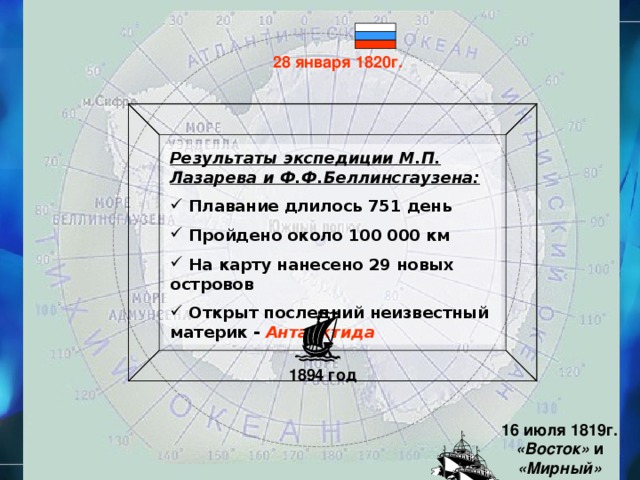 Михаил Петрович Лазарев http://topbloger.livejournal.com/7540430.htm http://www.navy.su/persons/02/bellinsgausen.html http://www.tonnel.ru/?l=gzl&uid=786 «Восток» и «Мирный» у берегов Антарктиды Федор Федорович Беллинсгаузен   