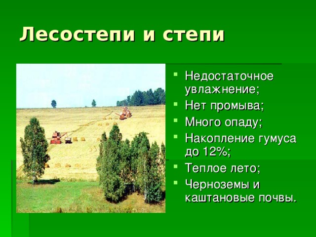 Лесостепи и степи Недостаточное увлажнение; Нет промыва; Много опаду; Накопление гумуса до 12%; Теплое лето; Черноземы и каштановые почвы.  