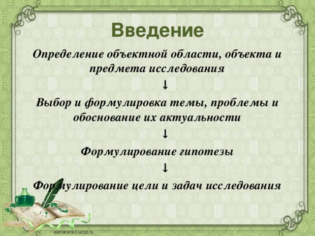 Введение Определение объектной области, объекта и предмета исследования ↓ Выбор и формулировка темы, проблемы и обоснование их актуальности    ↓ Формулирование гипотезы ↓ Формулирование цели и задач исследования  