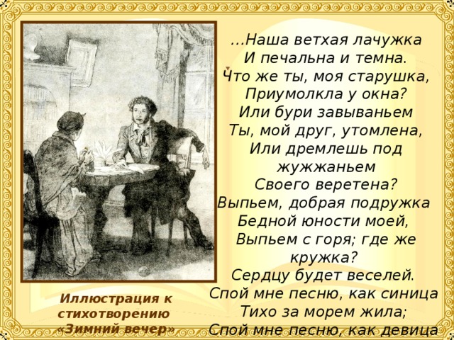 … Наша ветхая лачужка И печальна и темна. Что же ты, моя старушка, Приумолкла у окна? Или бури завываньем Ты, мой друг, утомлена, Или дремлешь под жужжаньем Своего веретена? Выпьем, добрая подружка Бедной юности моей, Выпьем с горя; где же кружка? Сердцу будет веселей. Спой мне песню, как синица Тихо за морем жила; Спой мне песню, как девица За водой поутру шла…  Иллюстрация к стихотворению «Зимний вечер» 
